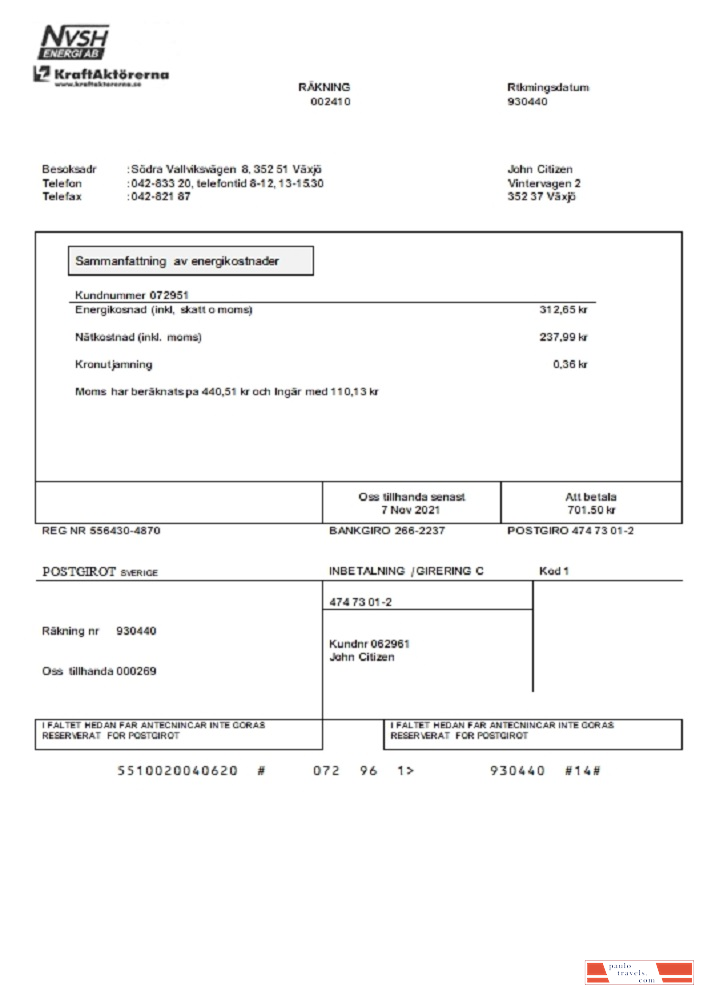 Sweden NVSH Energi utility bill template in Word and PDF format